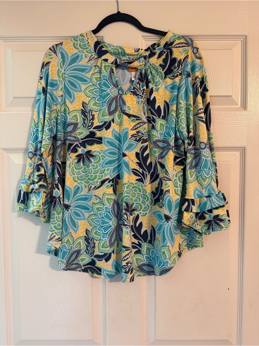 Ruby Rd. Floral Keyhole Tie Blouse - Blue, Yellow & Green